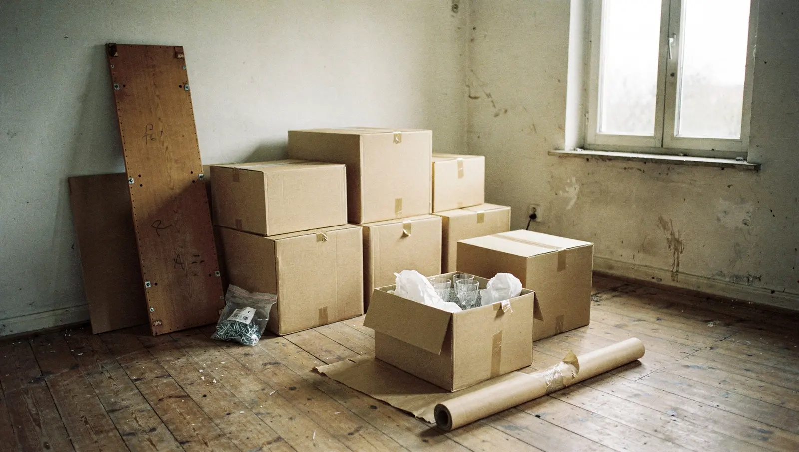 Leeres Zimmer mit Holzdielen, gestapelte zugeklebte Umzugskartons, eine Rolle Packpapier, Gläser in Seidenpapier und ein zerlegter Schrank an der Wand.